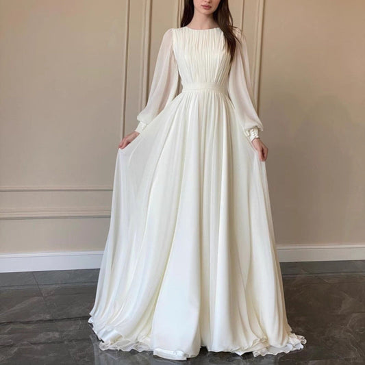 IvyShape | Sheer White Wedding Round Neck Long Sleeve Gown