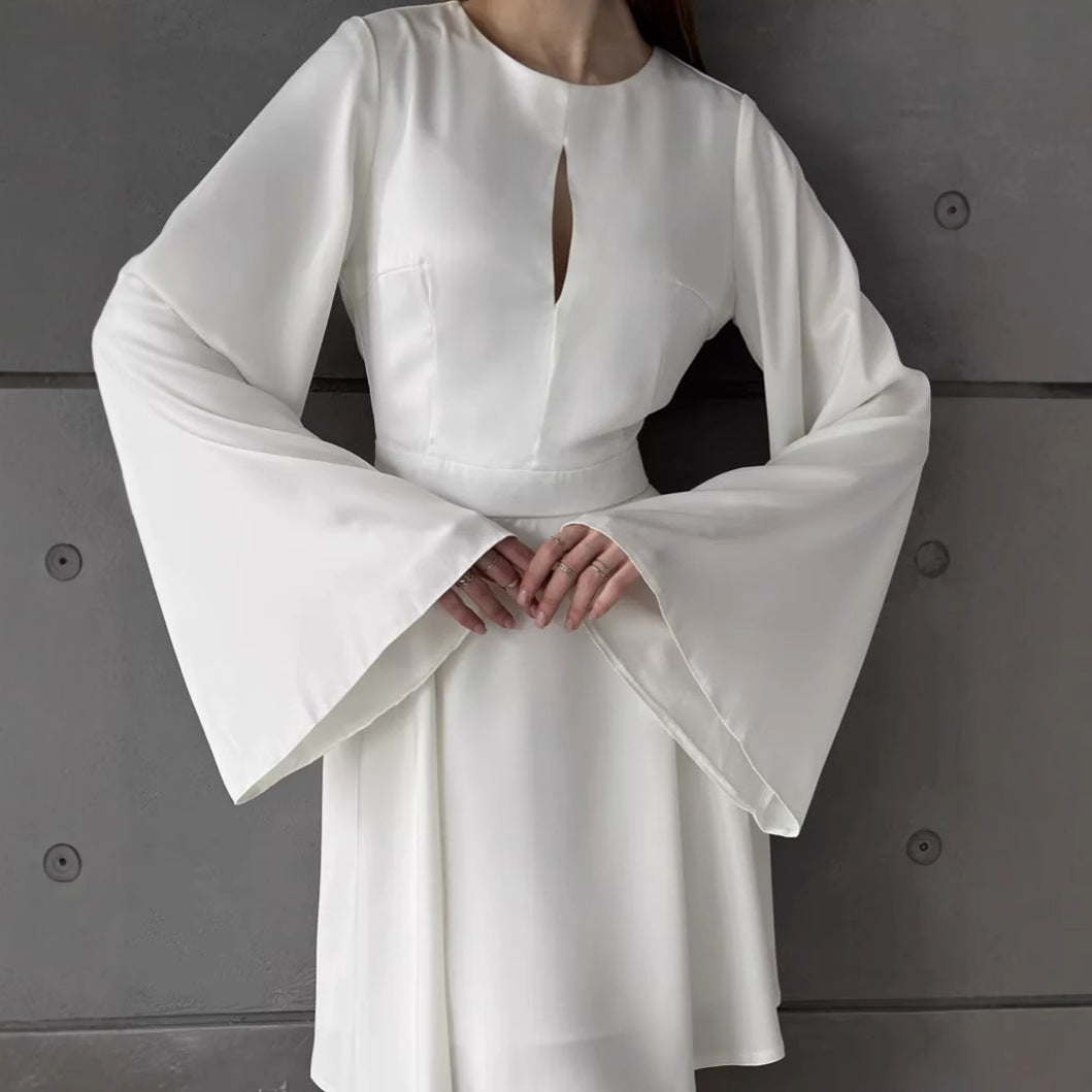 Women Elegant Wrap Dress with Wide Flared Sleeves and Deep Neckline Ivyshape