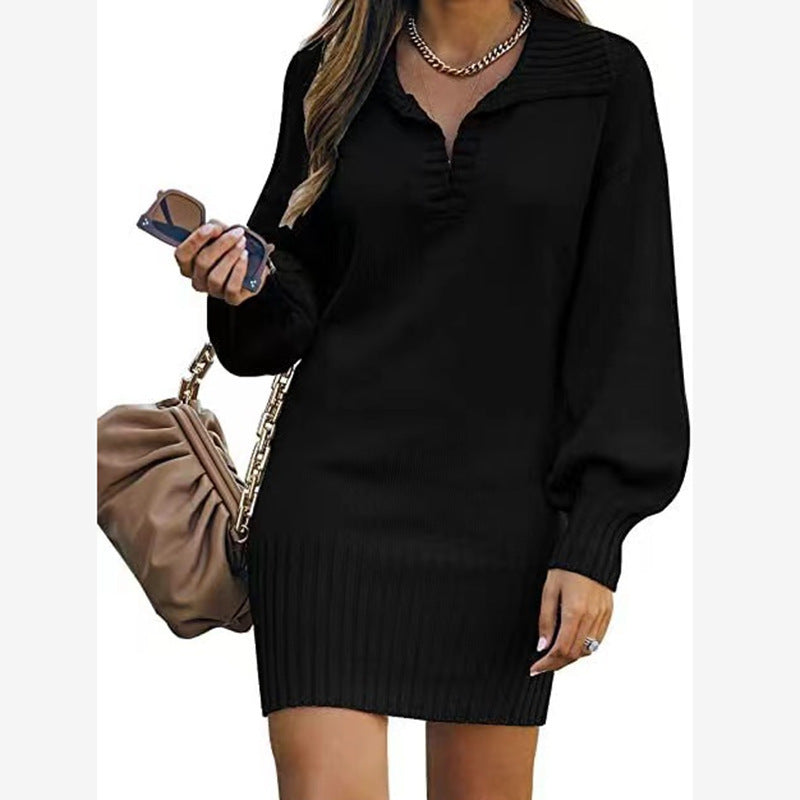 IvyShape | Stylish Mid-Length Lapel Lantern Sleeve Knitted Dress