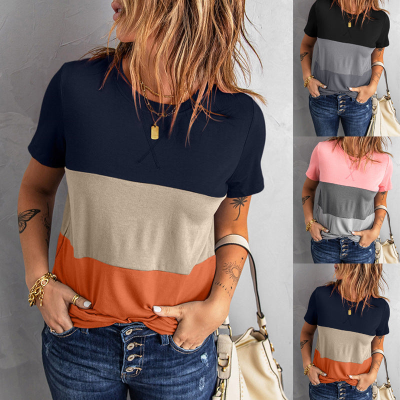 Women Fashion T-Shirt with Color Block Design and Loose Fit Ivyshape