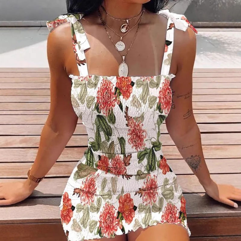 Women’s short dress with floral print and lace straps Ivyshape