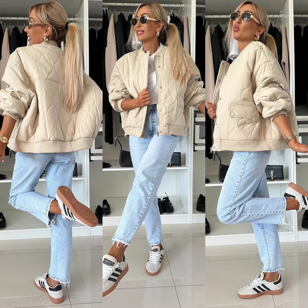 Women's Padded Bomber Jacket with Asymmetrical Hem Ivyshape