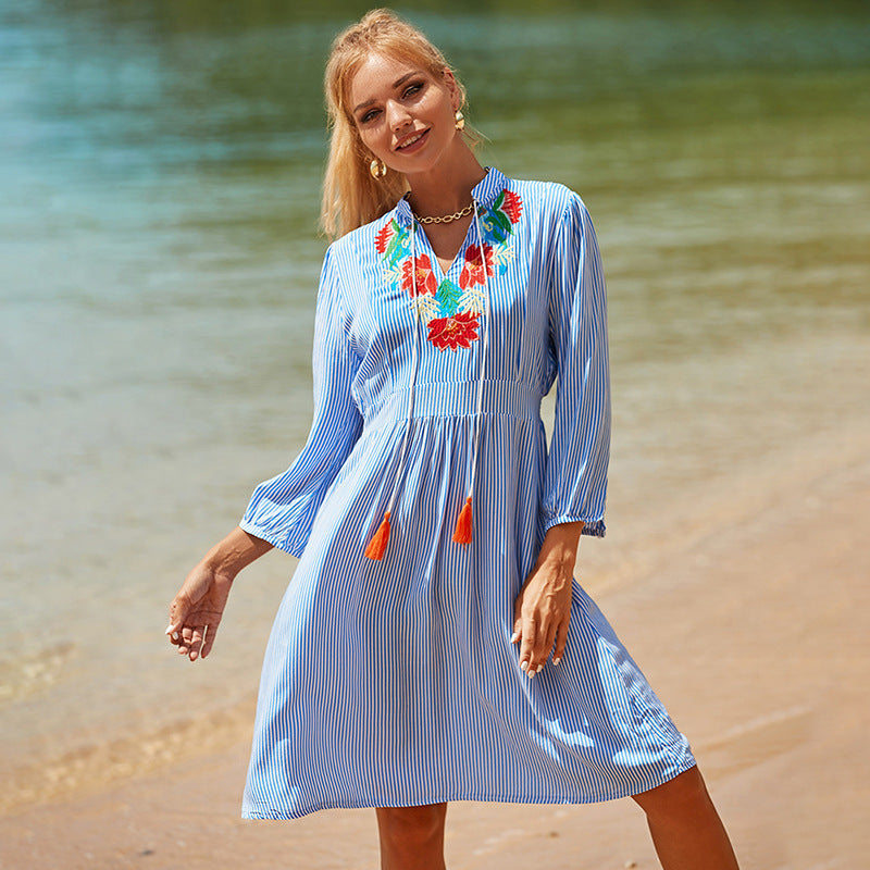 Women's summer dress with intricate embroidery and playful tassels Ivyshape