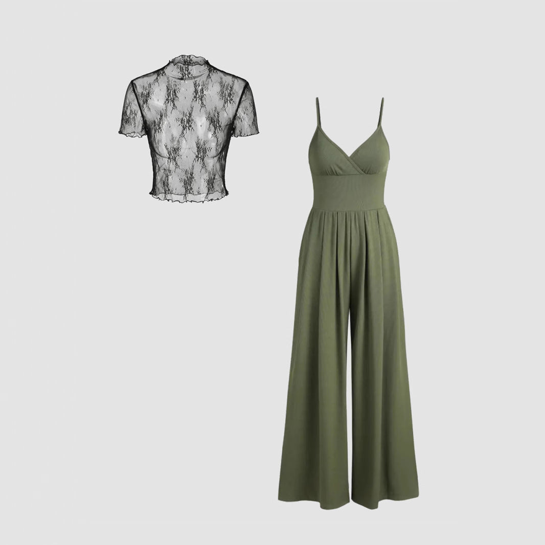 Women elegant V-neck jumpsuit with transparent blouse Ivyshape