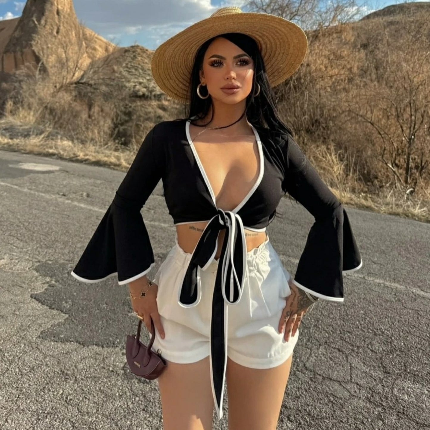 Women Cropped Blouse with Ties and Fashionable Bell Sleeves Ivyshape