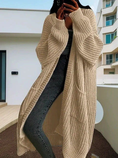 Women's Long Knit Cardigan with Side Pockets and Casual Cut Ivyshape