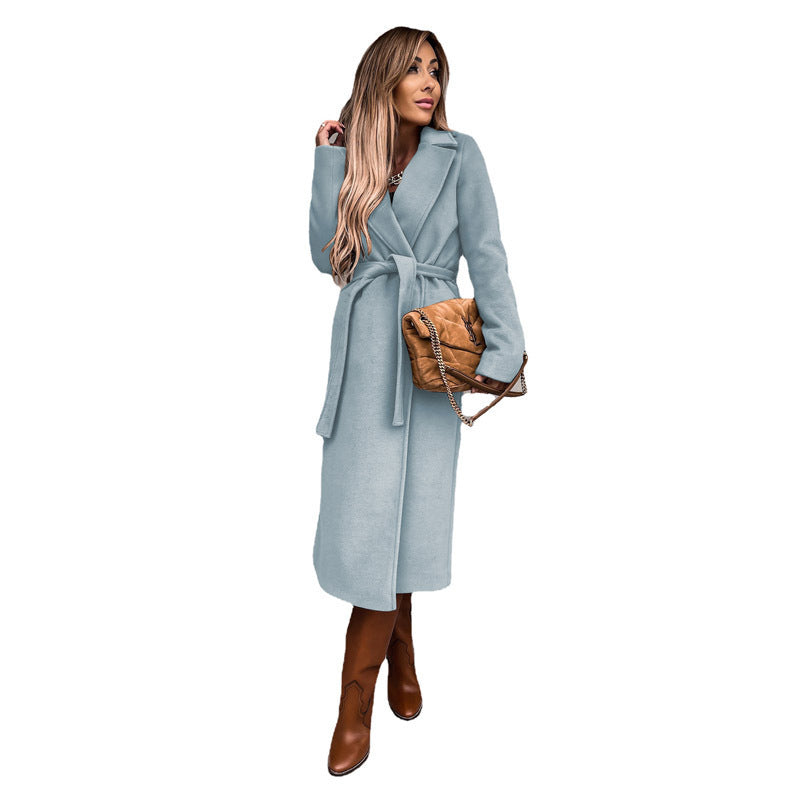 IvyShape | Solid Color Lapel Woolen Trench Coat