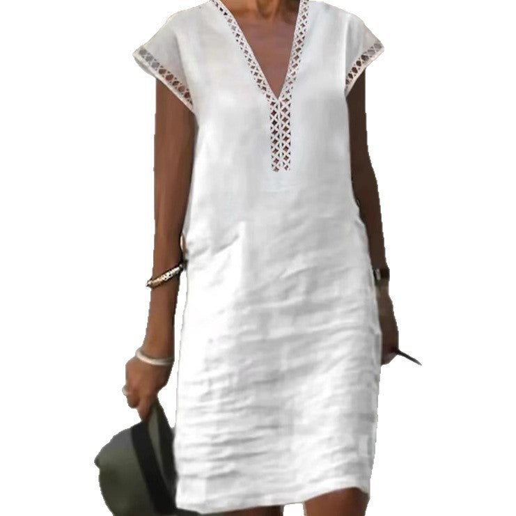 Women's Lightweight Linen Dress with V-Neck and Subtle Cut-Out Accents Ivyshape