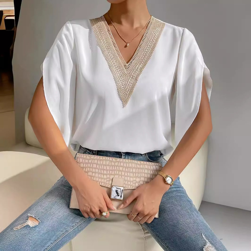 Ladies elegant blouse with ruffle detail and V-neck Ivyshape