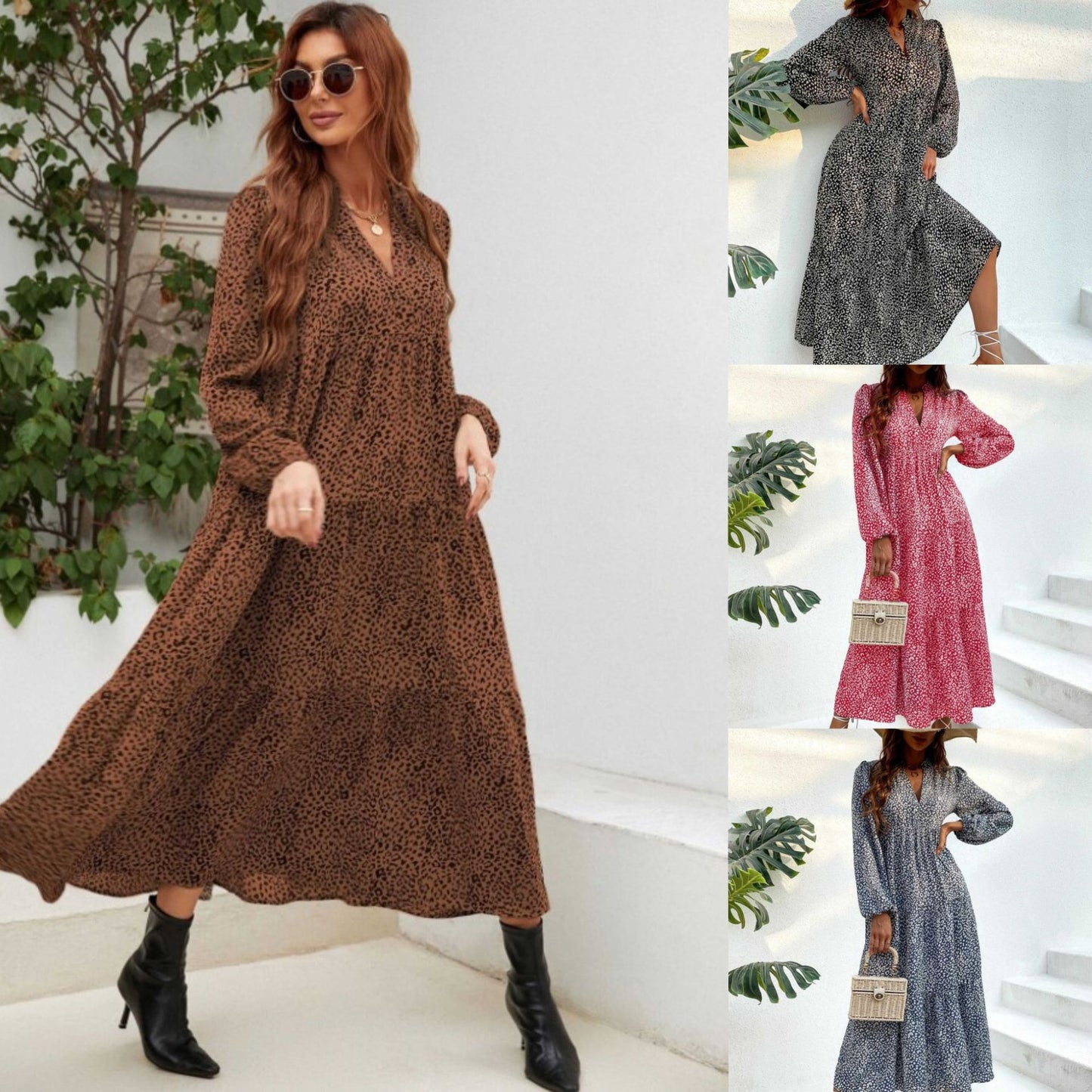 Ladies maxi dress with elegant floral pattern and wide-cut sleeves Ivyshape