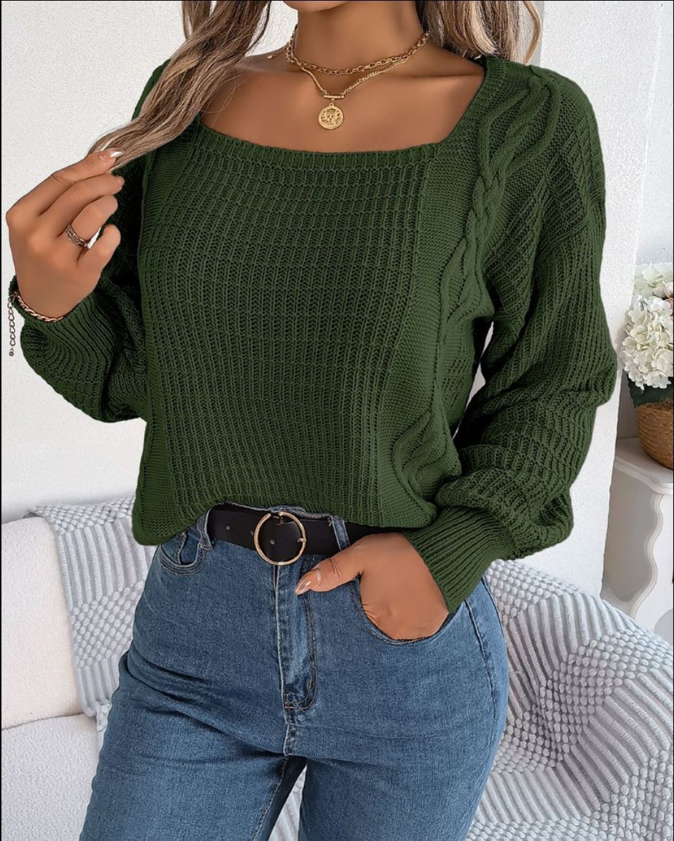 IvyShape | Unique Square Neck Twisted Knit Pullover Top for Women