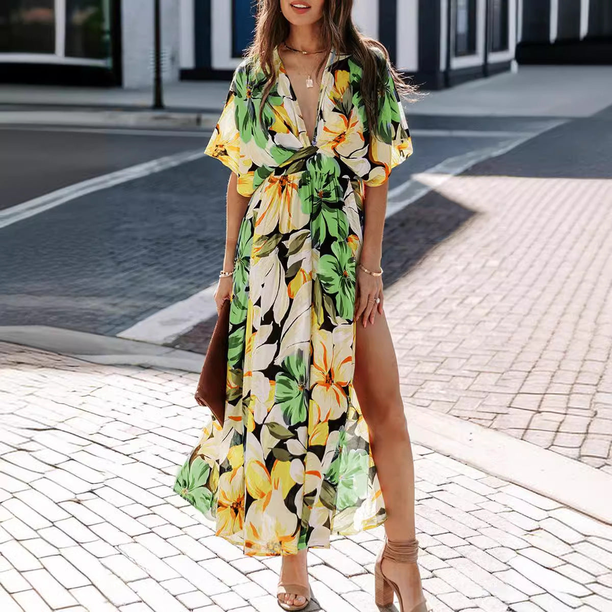 Women’s floral maxi dress with deep V-neck and side slits Ivyshape