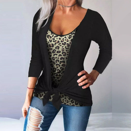 IvyShape | Leopard Print Spliced Faux Two-Piece Long Sleeve Top