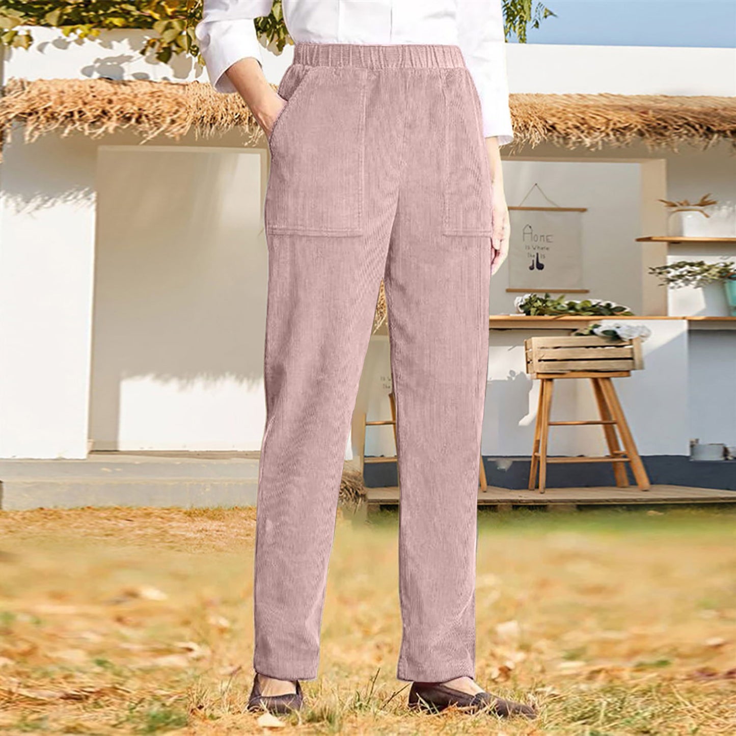 Women's corduroy pants with elastic waistband and practical pockets Ivyshape