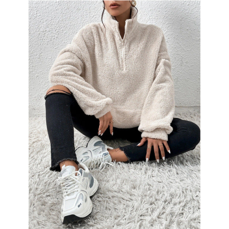 Ladies Fluffy Teddy Pullover with Half Zip and Kangaroo Pocket Ivyshape