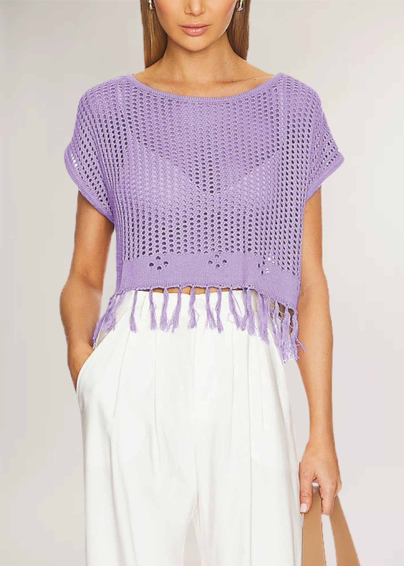 IvyShape | Solid Color Tassel Knit Round Neck Top