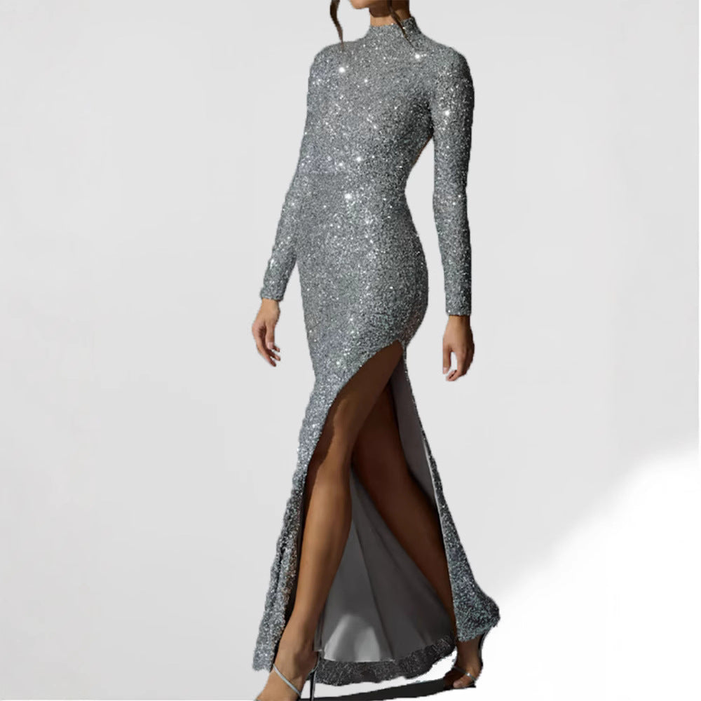 Women Elegant Glitter Maxi Dress with High Slit and Long Sleeves Ivyshape