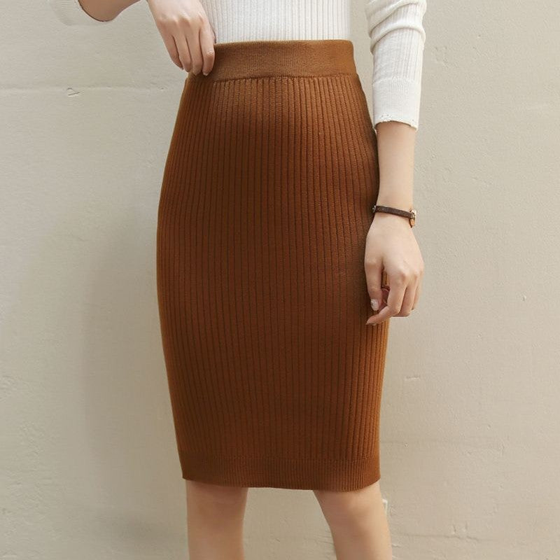 Women Knitted Pencil Skirt with High Waist and Ribbed Texture Ivyshape