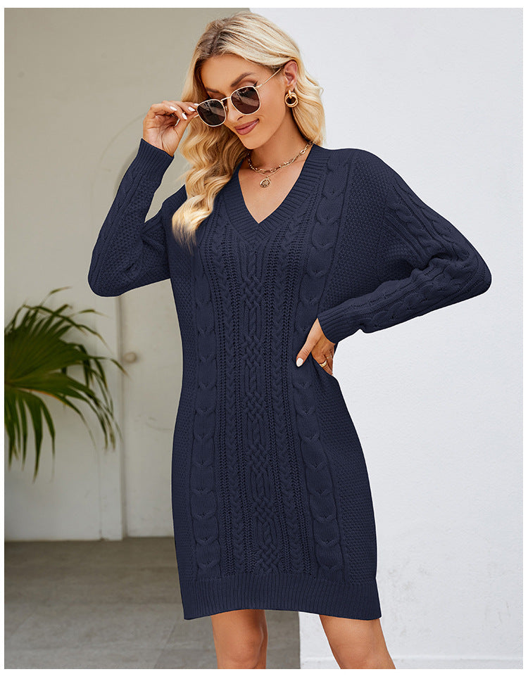 IvyShape | Solid Color V-Neck Twist Knitted Dress