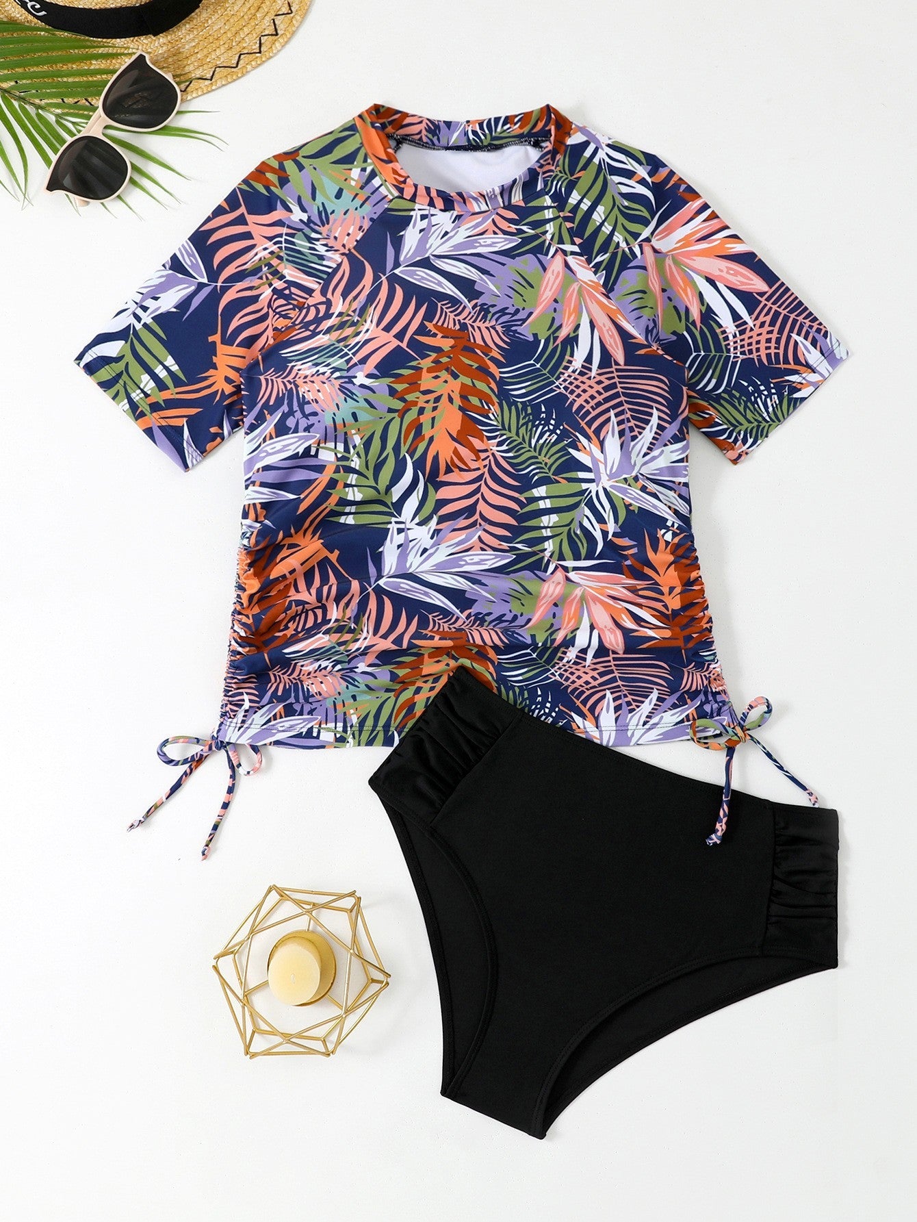 Women's swimwear set with floral top and high waistband Ivyshape