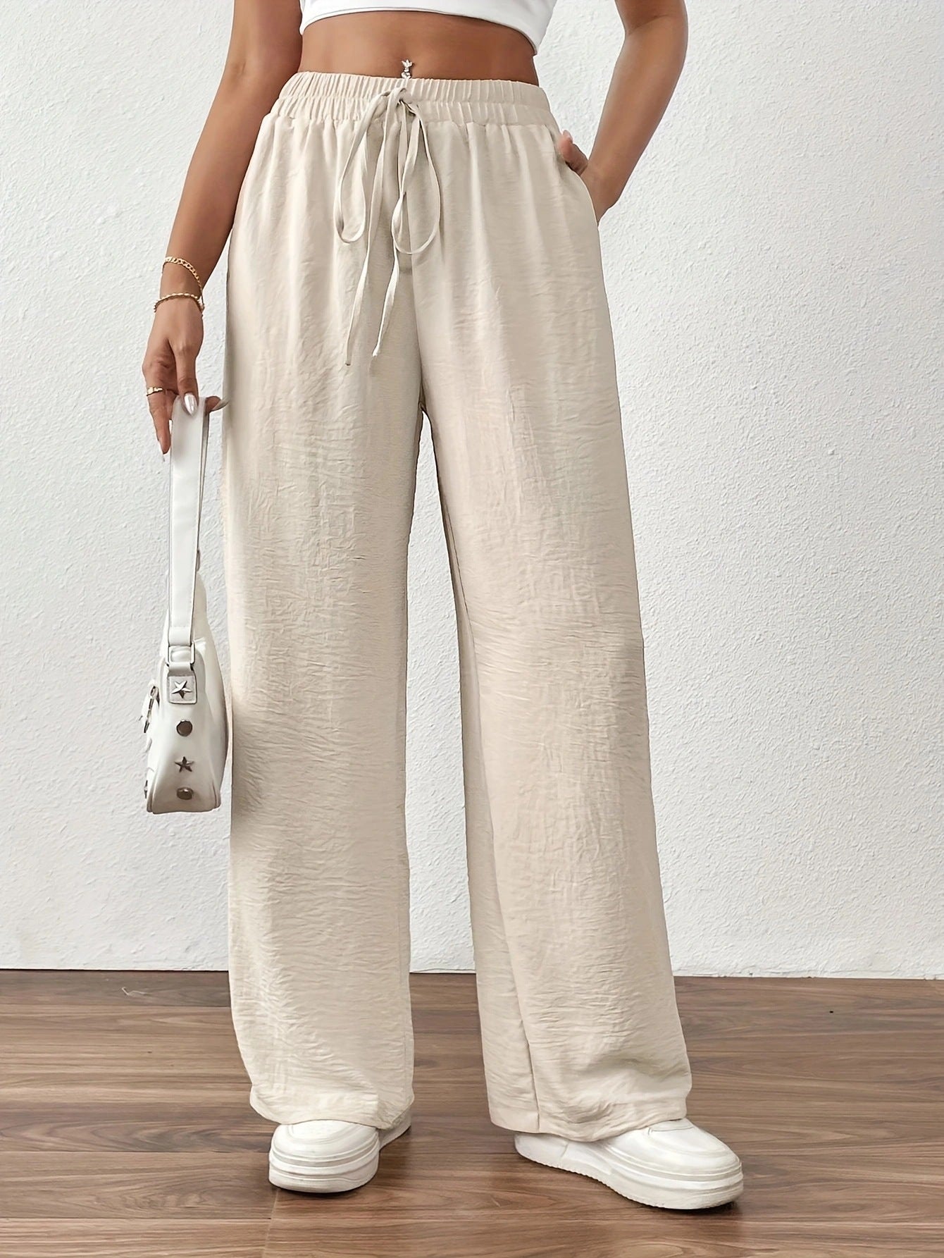 Women's Summer Palazzo Pants with Elastic Waistband and Tie Belt Ivyshape