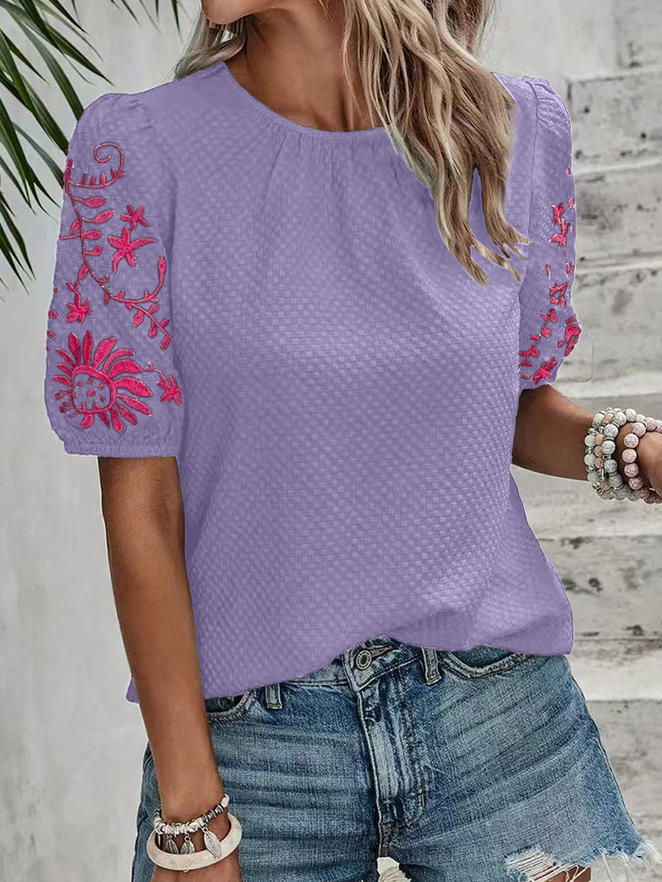 Women embroidered puff sleeve top Ivyshape