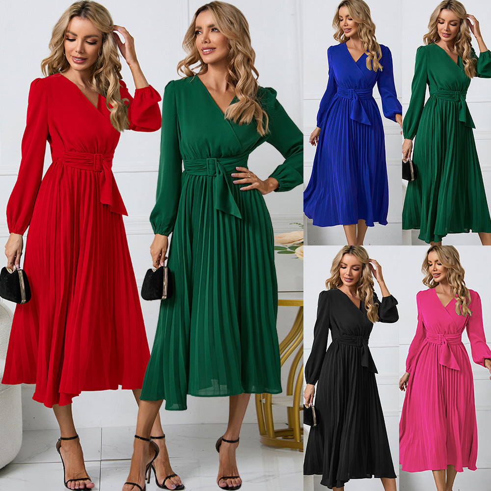 Women Elegant Wrap Dress with Pleats and Belt Detail Ivyshape