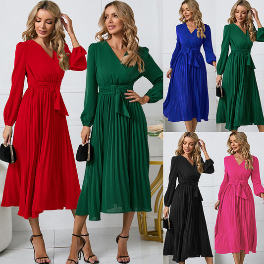 Women Elegant Wrap Dress with Pleats and Belt Detail Ivyshape