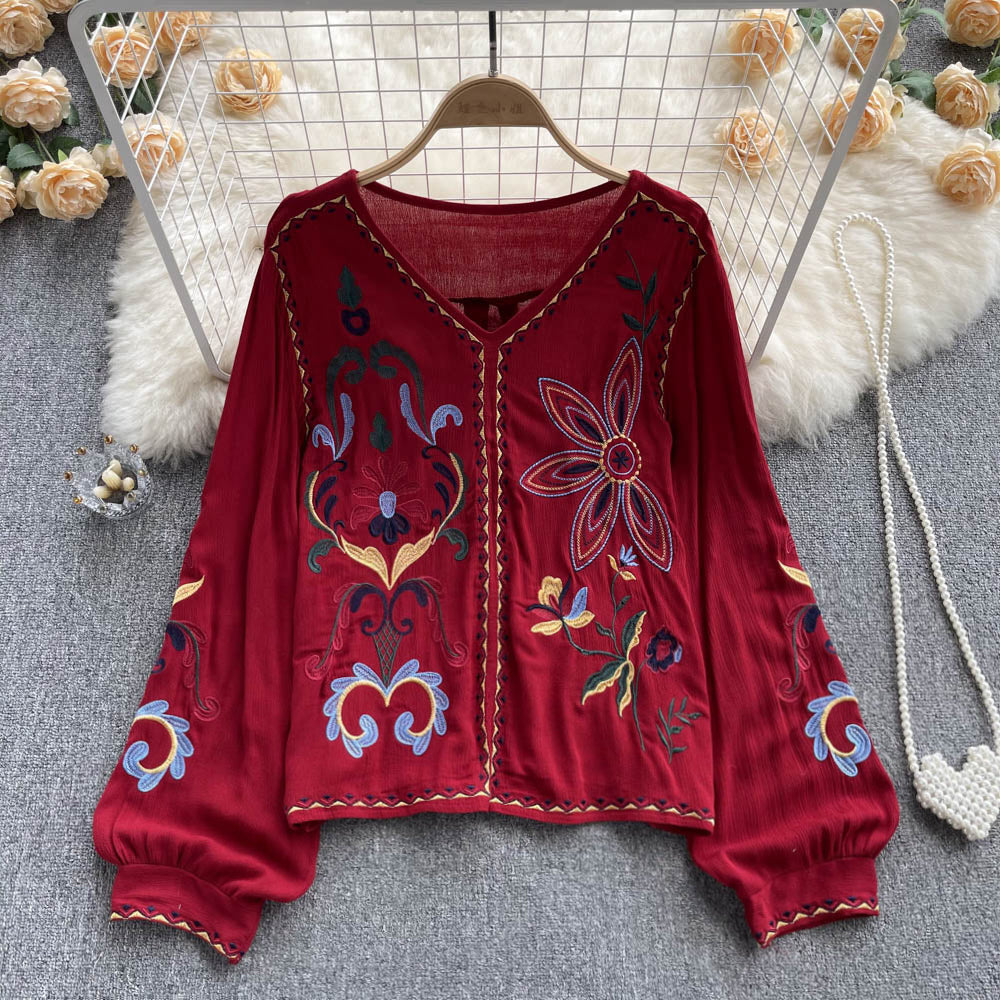 heavy industry embroidered top women's spring and autumn new V-neck loose lantern sleeves ethnic style cotton and linen shirt