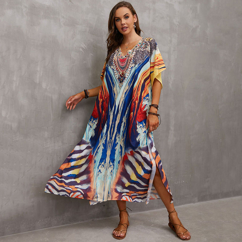 Women's beach kaftan with artistic animal motif and luxurious details Ivyshape