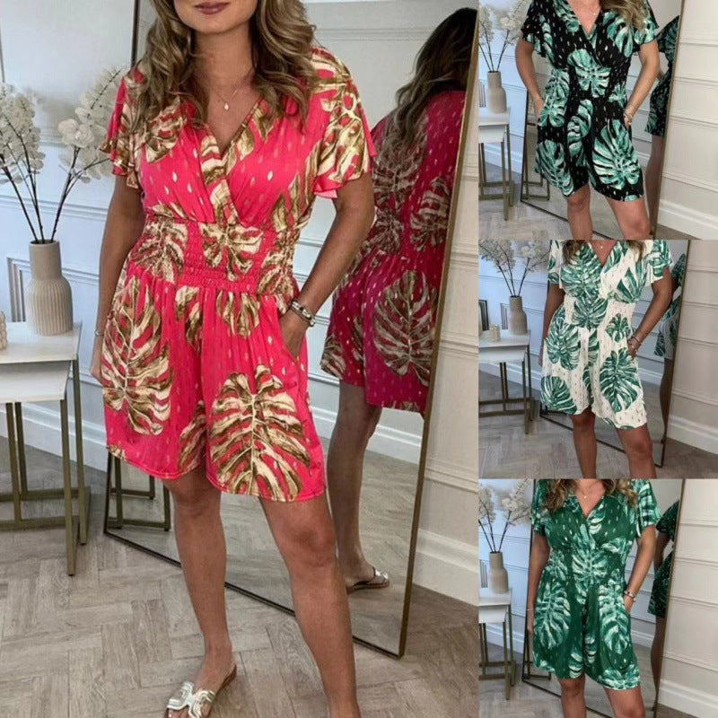 Ladies Tropical Print Wrap Jumpsuit Ivyshape