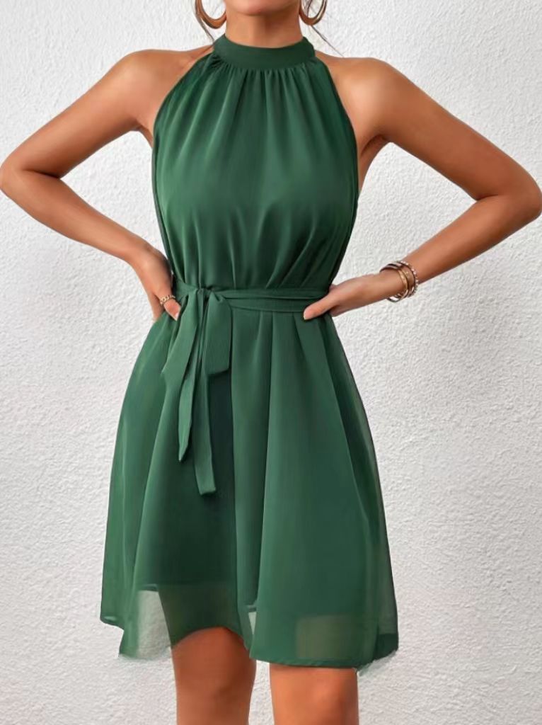 Women's short dress with high-neck collar and belt Ivyshape