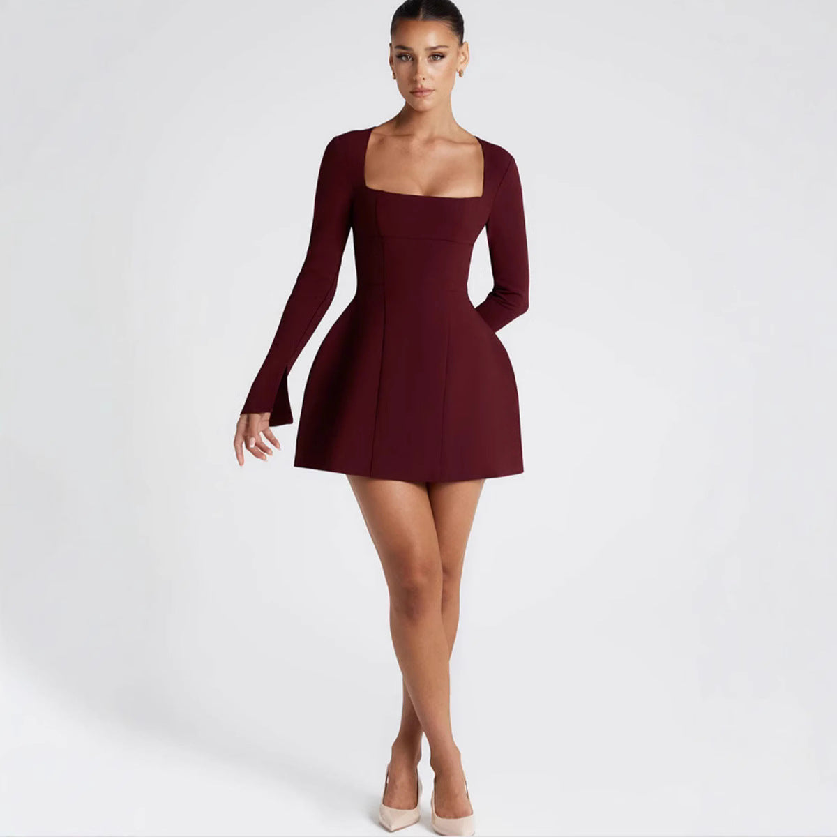 Women Figure-hugging Mini Dress with Elegant Square Neckline and Long Sleeves Ivyshape