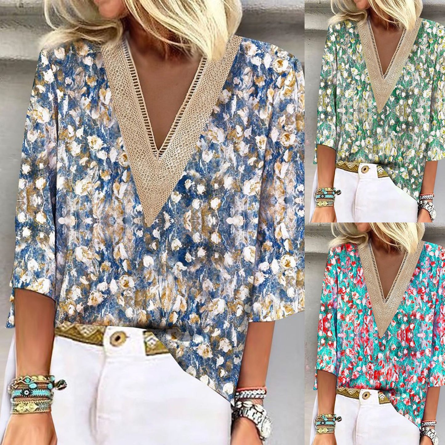 Women Fashion Blouse with V-Neck and Lace Ivyshape