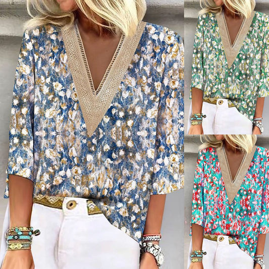 Women Fashion Blouse with V-Neck and Lace Ivyshape