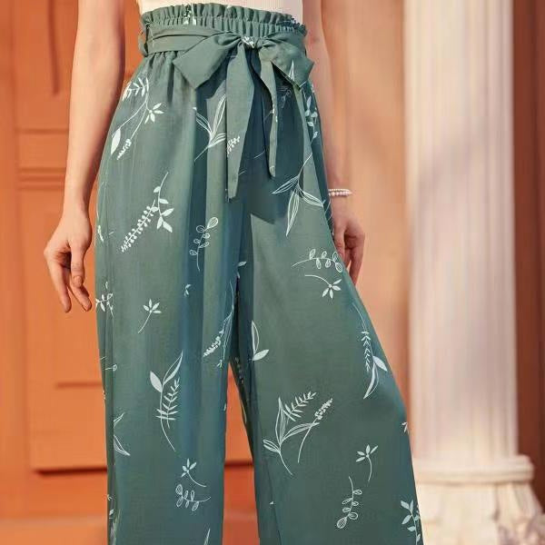 Wide women's trousers with floral print and elastic waistband Ivyshape