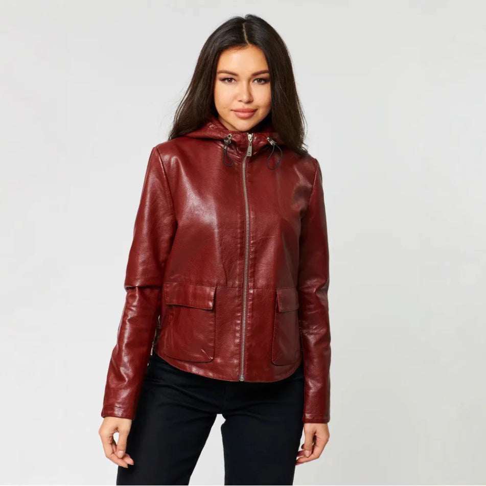 Women Faux Leather Jacket with Attached Hoodie and Practical Pockets Ivyshape