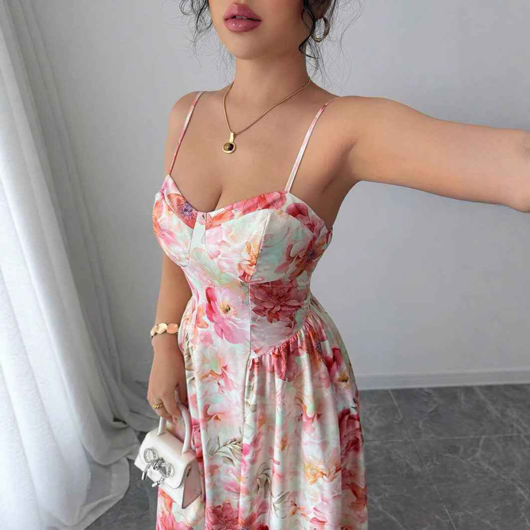 Women's Floral Maxi Dress with Flared Skirt and Thin Straps Ivyshape