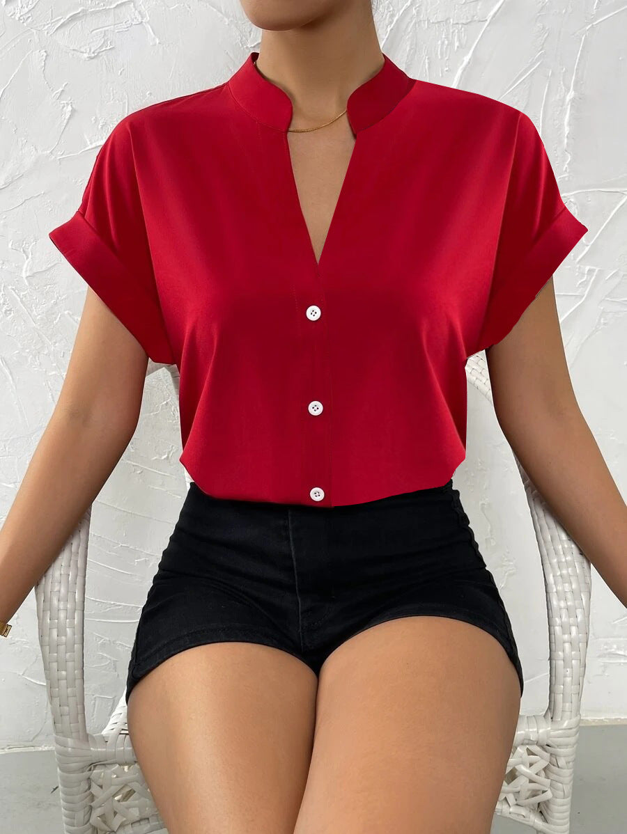 Women Elegant Short Sleeve Blouse with Stand Collar and Subtle Button Details Ivyshape