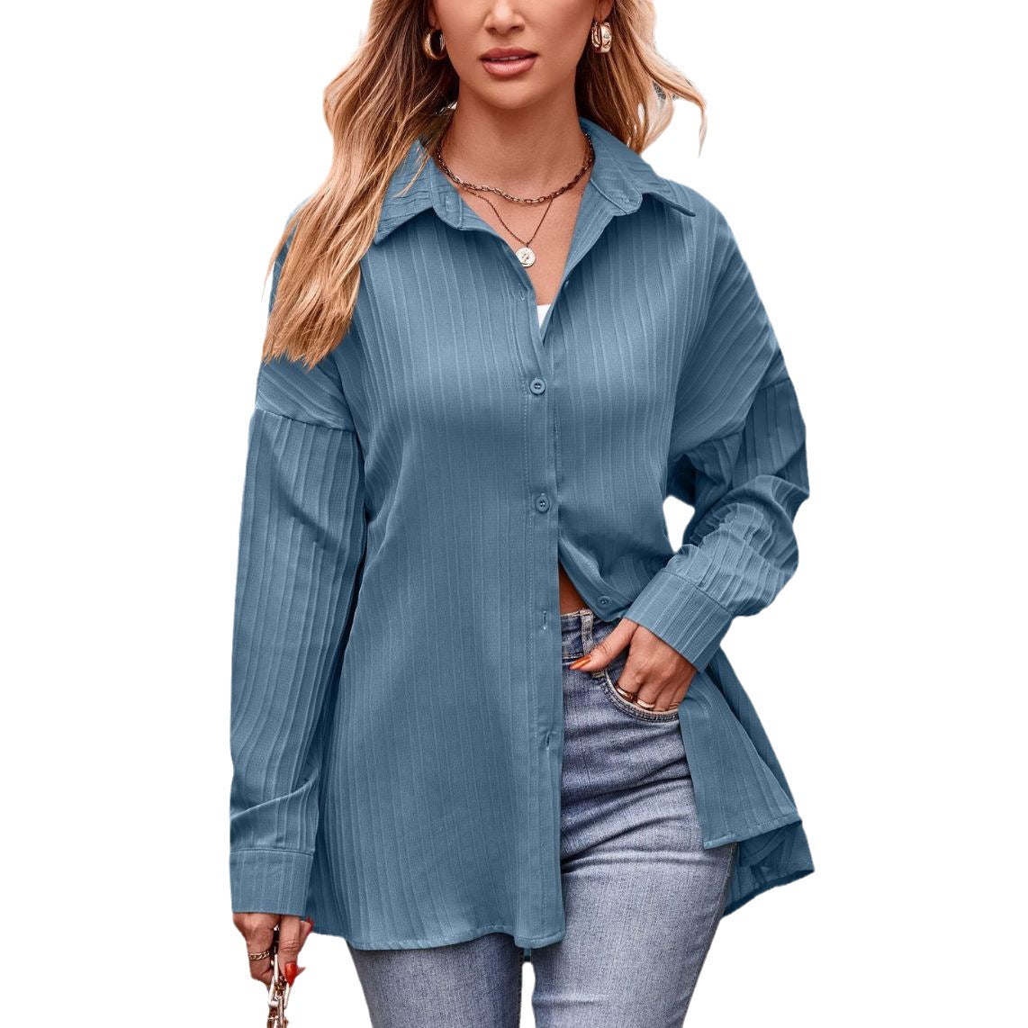 IvyShape | Double-Line Jacquard Loose Long Sleeve Solid Shirt