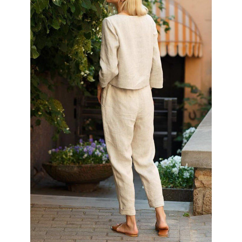 Women's Casual Linen Set with Elegant Top and Loose Pants Ivyshape