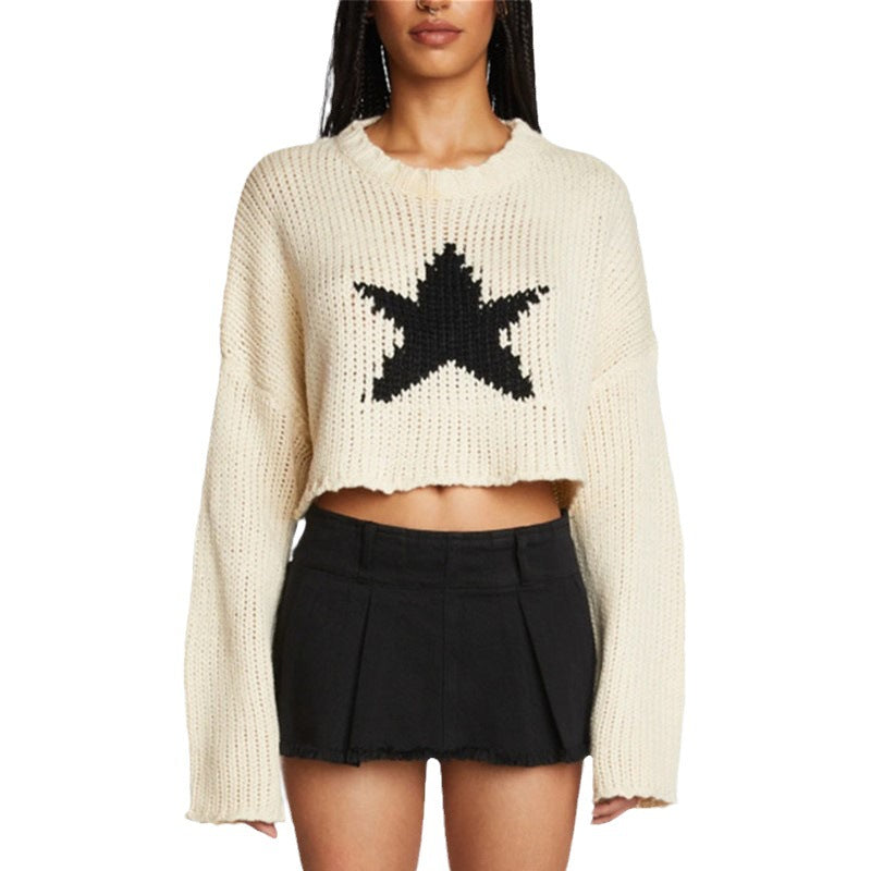 IvyShape | Five-Star Pattern Crop Knitted Sweater