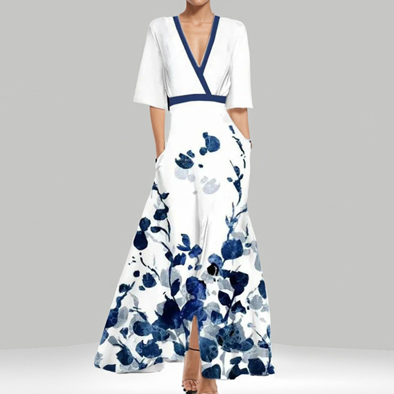 IvyShape | Elegant V-Neck Printed Tie Waist Flared Maxi Dress