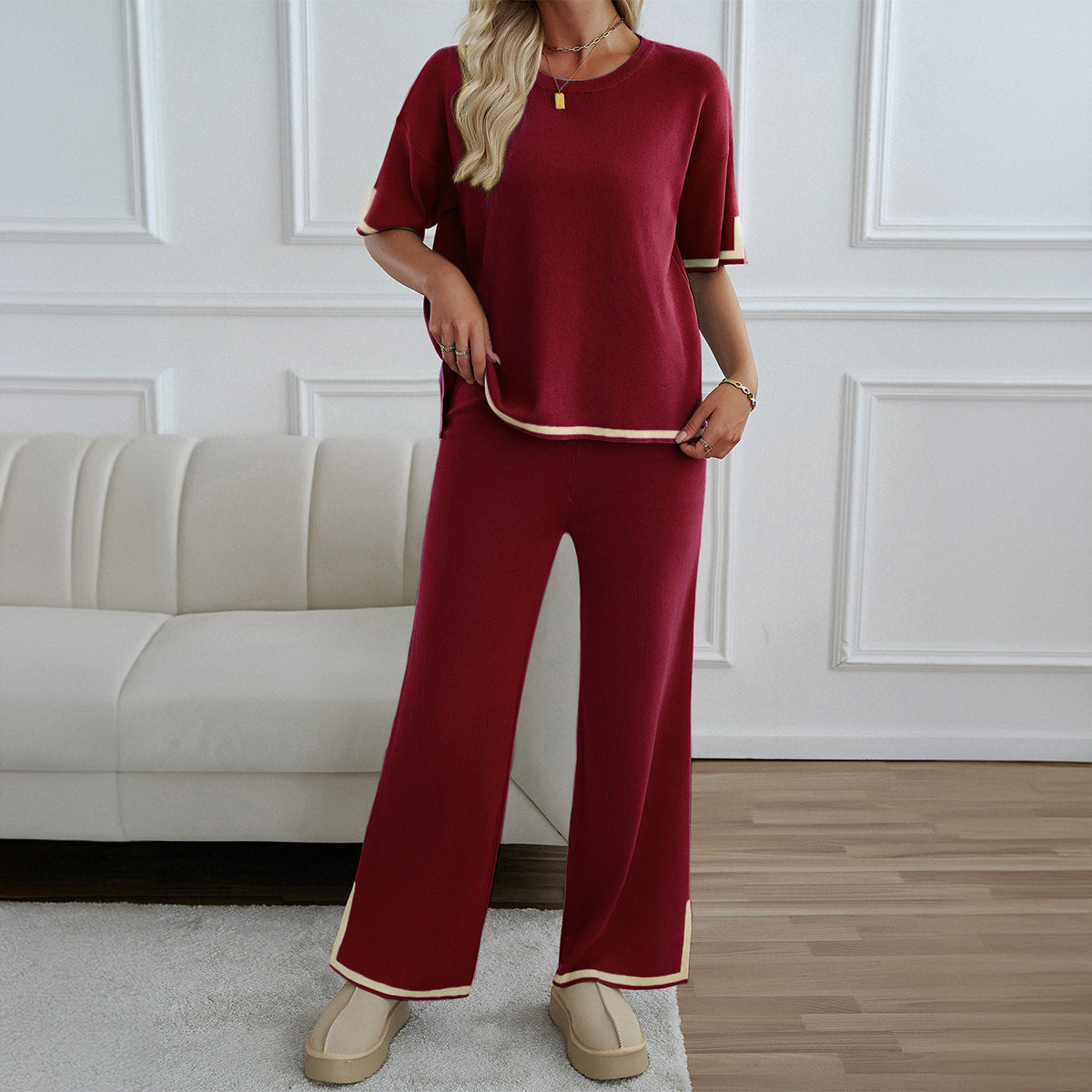 IvyShape | Elegant Casual Short Sleeve Knitted Pants Set