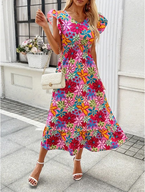 Ladies Summer Floral Maxi Dress with Ruffle Sleeves and Elastic Waistband Ivyshape