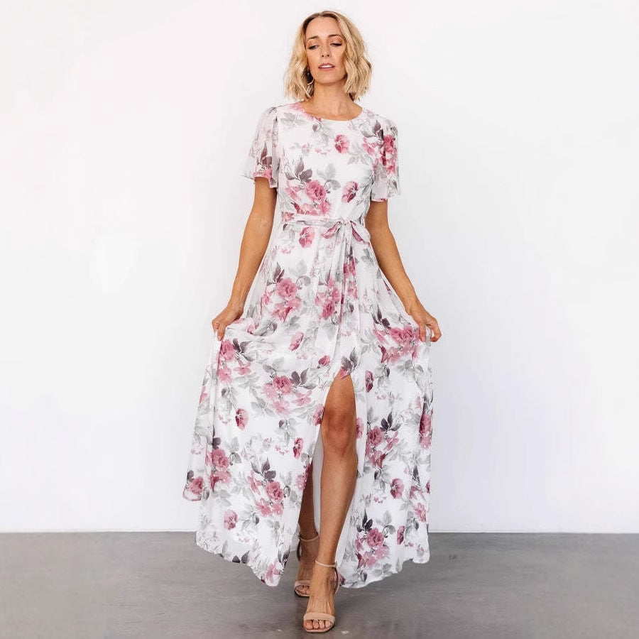 Women's floral maxi dress with deep slit and waistbelt Ivyshape