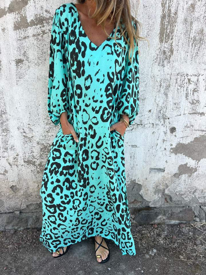 Ladies Long Sleeve Maxi Dress with Animal Print and Practical Pockets Ivyshape