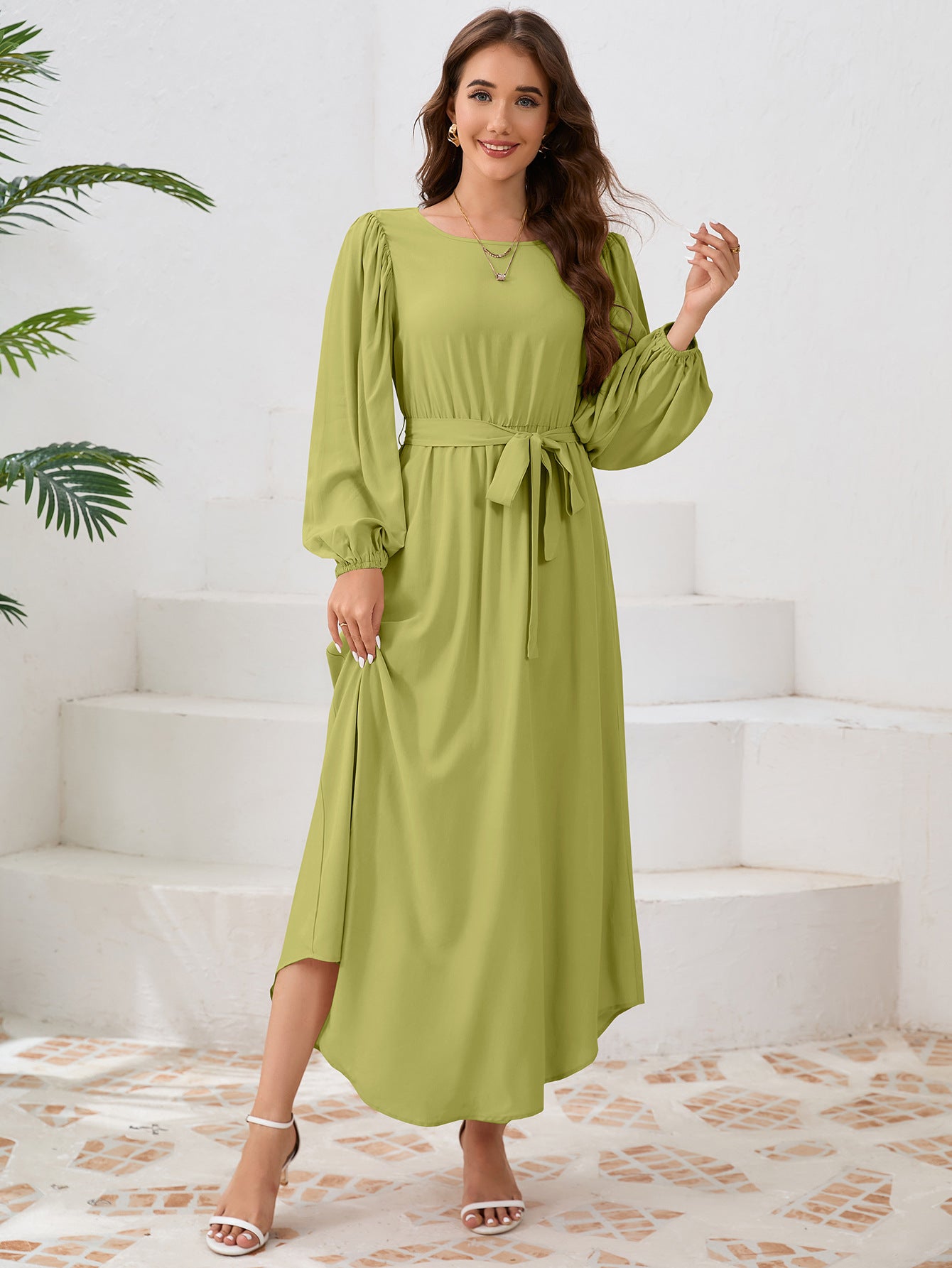Ladies maxi dress with wide-cut sleeves and adjustable belt Ivyshape