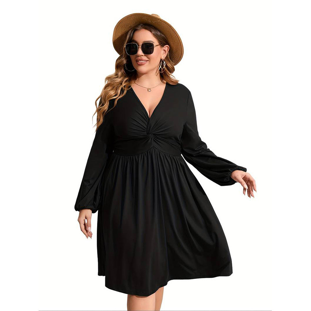 Women elegant viscose dress with voluminous puff sleeves and deep V-neck Ivyshape