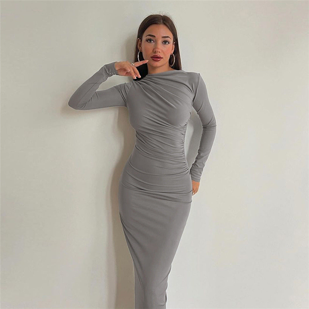 Women's fitted evening dress with draped top and long sleeves Ivyshape